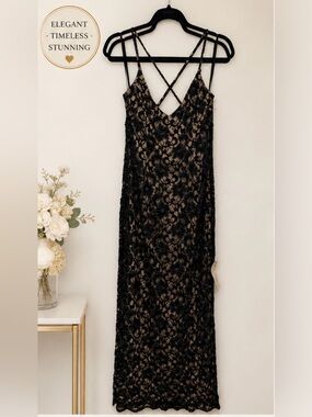 Nordstrom basix Elegant Black Lace Maxi Slip Dress with Crisscross Straps